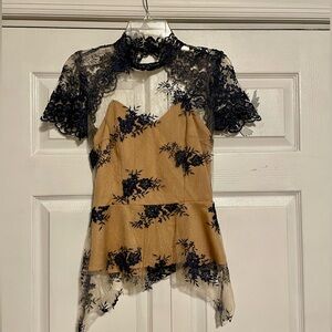 Floral lace sheer lined peplum open back high neck top